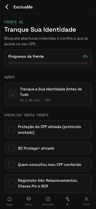 Tela do app ExcluaMe mostrando uma frente com checklist